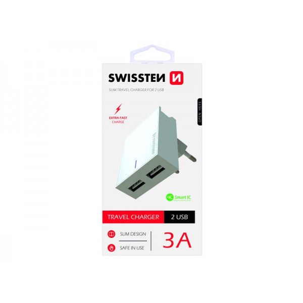 Adaptér sieťový SWISSTEN SMART IC 2x USB 3A POWER BIELY