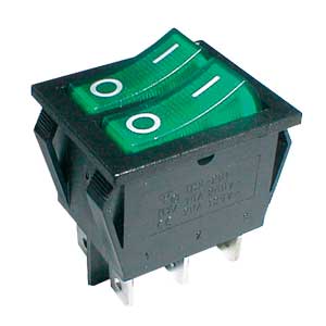 Prepínač kolískový 2x(2pol. 3pin) ON-OFF 250V 15A pros. zelený